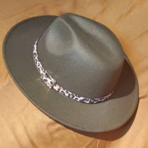 Green Panama Fedora Hat with Leopard Belt Buckle